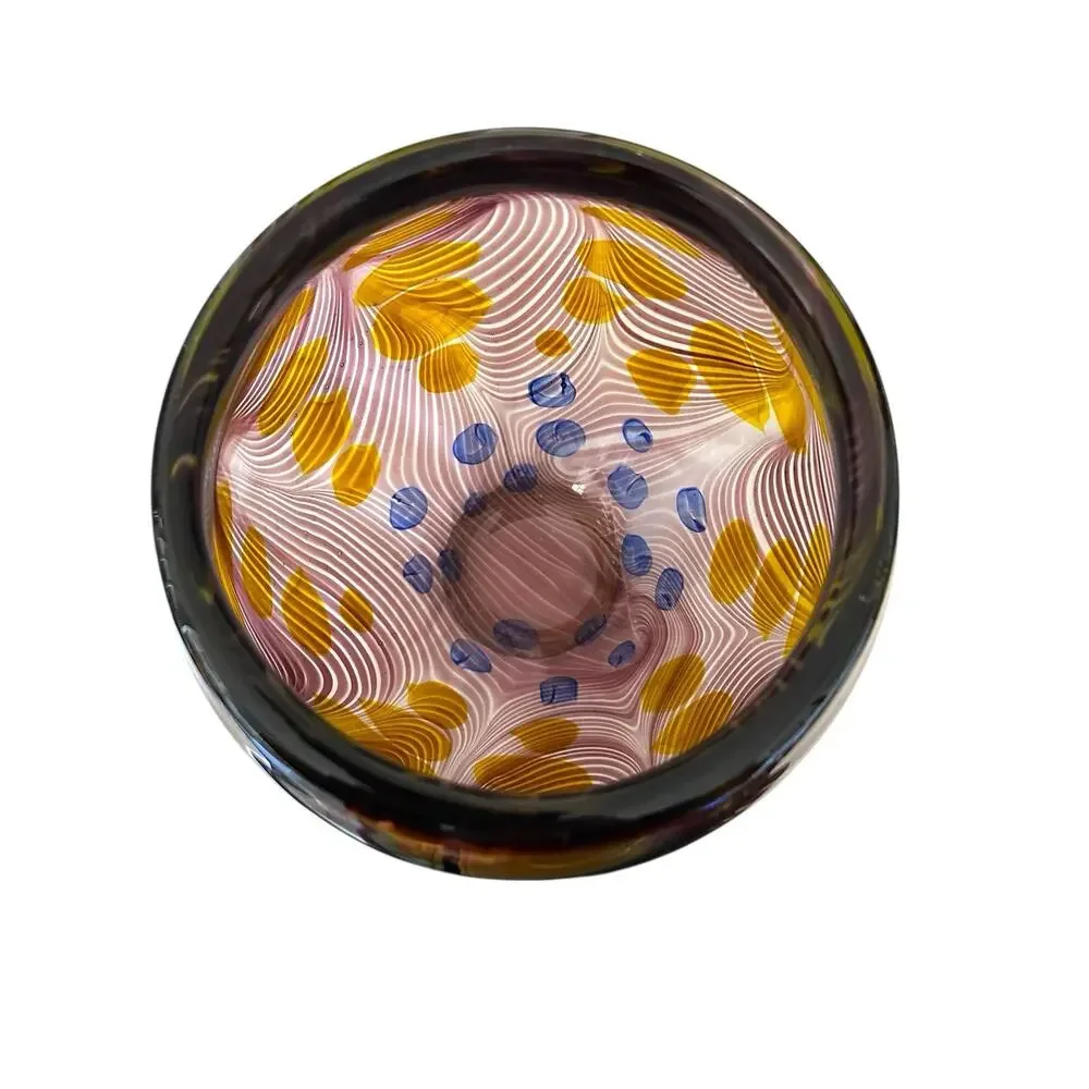 Heavy Handmade Art Glass Vase Green Dots Purple Swirls & Yellow 7.5” x 7”